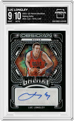 Luc Longley from the 2021-22 Panini Obsidian set graded by Arena Club and given an overall grade of 9.