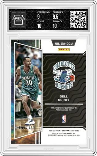 Dell Curry from the 2021-22 Panini Obsidian set graded by Arena Club and given an overall grade of 9.5.