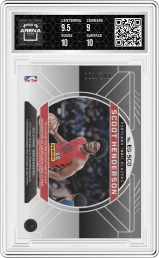 Scoot Henderson from the 2023-24 Panini Obsidian set graded by Arena Club and given an overall grade of 9.5.