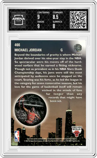 Michael Jordan from the 1993-94 Upper Deck  set graded by Arena Club and given an overall grade of 8.5.
