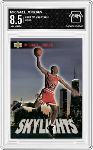 Michael Jordan from the 1993-94 Upper Deck  set graded by Arena Club and given an overall grade of 8.5.