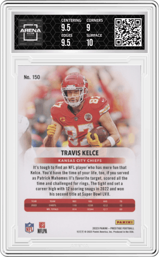 Travis Kelce from the 2023 Panini Prestige set graded by Arena Club and given an overall grade of 9.5.