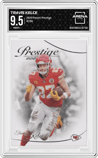 Travis Kelce from the 2023 Panini Prestige set graded by Arena Club and given an overall grade of 9.5.