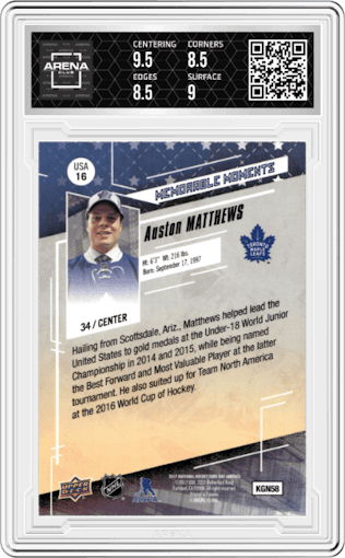 Auston Matthews from the 2017 Upper Deck National Hockey Card Day set graded by Arena Club and given an overall grade of 9.