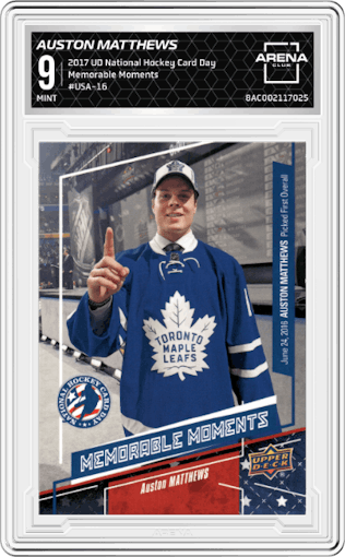 Auston Matthews from the 2017 Upper Deck National Hockey Card Day set graded by Arena Club and given an overall grade of 9.