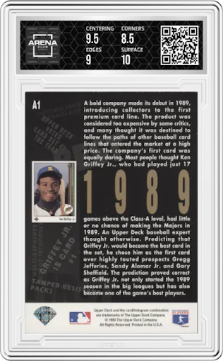 Ken Griffey Jr. from the 1993 Upper Deck set graded by Arena Club and given an overall grade of 9.