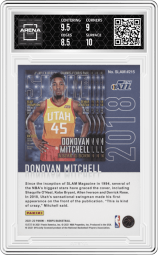 Donovan Mitchell from the 2021-22 Panini NBA Hoops set graded by Arena Club and given an overall grade of 9.