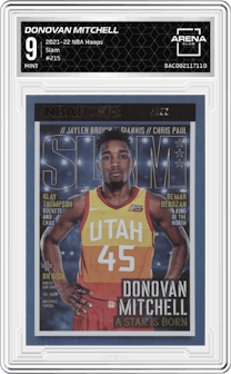 Donovan Mitchell from the 2021-22 Panini NBA Hoops set graded by Arena Club and given an overall grade of 9.