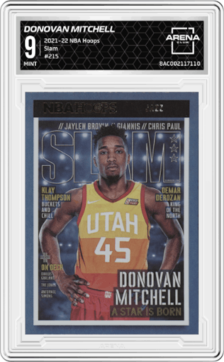 Donovan Mitchell from the 2021-22 Panini NBA Hoops set graded by Arena Club and given an overall grade of 9.