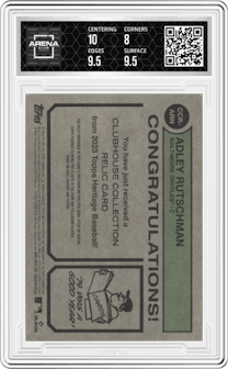 Adley Rutschman from the 2023 Topps Heritage set graded by Arena Club and given an overall grade of 8.5.