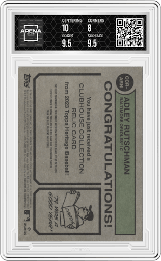 Adley Rutschman from the 2023 Topps Heritage set graded by Arena Club and given an overall grade of 8.5.