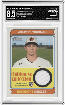 Adley Rutschman from the 2023 Topps Heritage set graded by Arena Club and given an overall grade of 8.5.