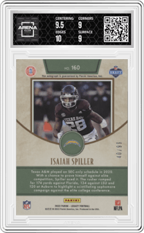 Isaiah Spiller from the 2022 Panini Legacy set featuring a Orange parallel graded by Arena Club and given an overall grade of 9.5.