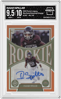 Isaiah Spiller from the 2022 Panini Legacy set featuring a Orange parallel graded by Arena Club and given an overall grade of 9.5.