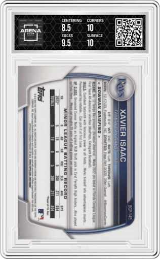 Xavier Isaac from the 2023 Bowman Mega Box set graded by Arena Club and given an overall grade of 9.