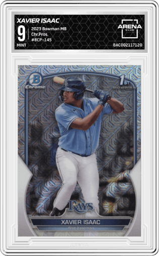 Xavier Isaac from the 2023 Bowman Mega Box set graded by Arena Club and given an overall grade of 9.