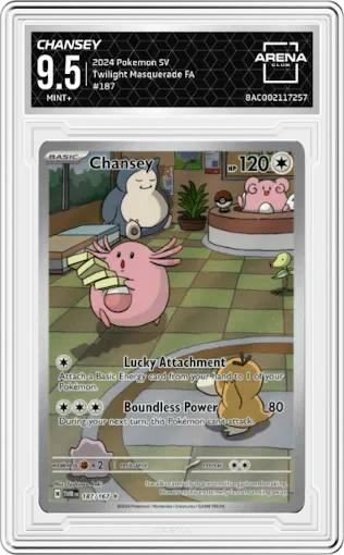 Chansey from the 2024 Pokemon SV set graded by Arena Club and given an overall grade of 9.5.