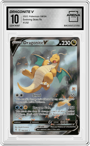 Dragonite V from the 2021 Pokemon SWSH set graded by Arena Club and given an overall grade of 10.