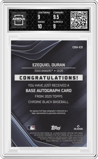 Ezequiel Duran from the 2023 Topps Chrome Black set graded by Arena Club and given an overall grade of 9.5.