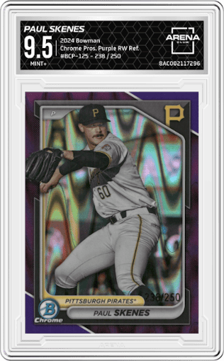 Paul Skenes from the 2024 Bowman set featuring a Purple Raywave Refractor parallel graded by Arena Club and given an overall grade of 9.5.