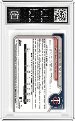 Walker Jenkins from the 2024 Bowman set featuring a Orange Refractor parallel graded by Arena Club and given an overall grade of 9.