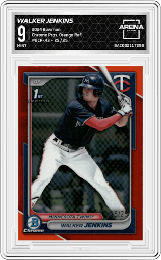 Walker Jenkins from the 2024 Bowman set featuring a Orange Refractor parallel graded by Arena Club and given an overall grade of 9.
