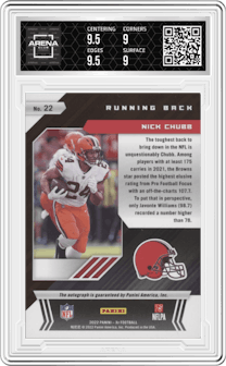 Nick Chubb from the 2022 Panini XR set featuring a Green parallel graded by Arena Club and given an overall grade of 9.5.