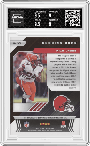 Nick Chubb from the 2022 Panini XR set featuring a Green parallel graded by Arena Club and given an overall grade of 9.5.