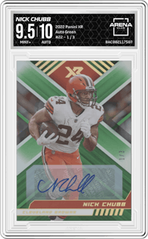 Nick Chubb from the 2022 Panini XR set featuring a Green parallel graded by Arena Club and given an overall grade of 9.5.