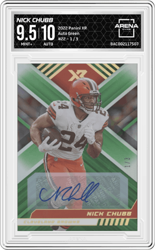 Nick Chubb from the 2022 Panini XR set featuring a Green parallel graded by Arena Club and given an overall grade of 9.5.