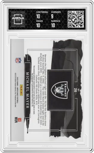 Michael Mayer from the 2023 Panini Impeccable set graded by Arena Club and given an overall grade of 9.5.