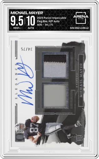 Michael Mayer from the 2023 Panini Impeccable set graded by Arena Club and given an overall grade of 9.5.