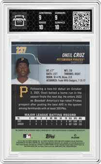 Oneil Cruz from the 2022 Topps Stadium Club set graded by Arena Club and given an overall grade of 9.5.