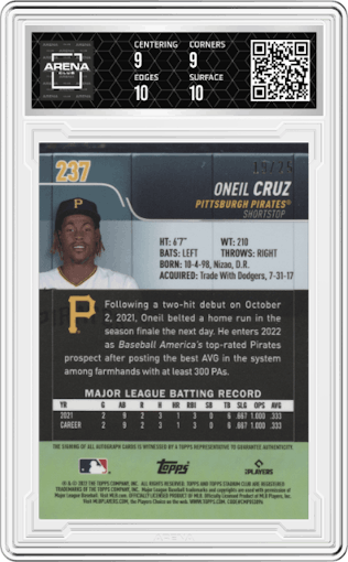 Oneil Cruz from the 2022 Topps Stadium Club set graded by Arena Club and given an overall grade of 9.5.