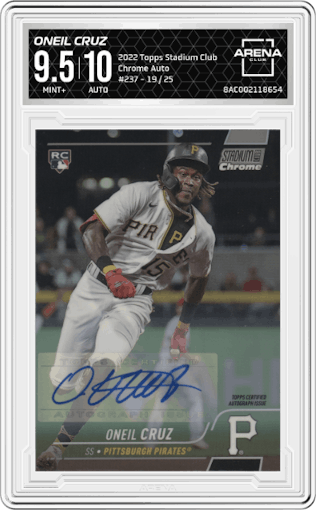 Oneil Cruz from the 2022 Topps Stadium Club set graded by Arena Club and given an overall grade of 9.5.