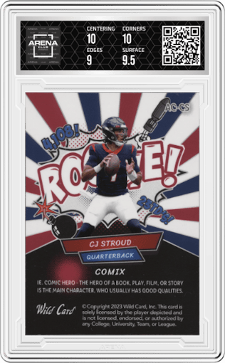 CJ Stroud  from the 2023 Wild Card Alumination Limited Edition CJ Stroud Comix set featuring a Red/Blue/Blue Rainbow parallel graded by Arena Club and given an overall grade of 9.5.