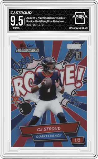 CJ Stroud  from the 2023 Wild Card Alumination Limited Edition CJ Stroud Comix set featuring a Red/Blue/Blue Rainbow parallel graded by Arena Club and given an overall grade of 9.5.