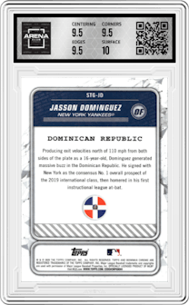 Jasson Dominguez from the 2020 Bowman set graded by Arena Club and given an overall grade of 10.