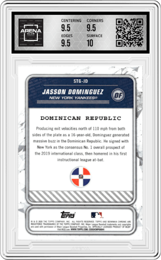 Jasson Dominguez from the 2020 Bowman set graded by Arena Club and given an overall grade of 10.