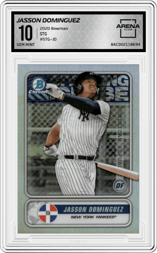 Jasson Dominguez from the 2020 Bowman set graded by Arena Club and given an overall grade of 10.