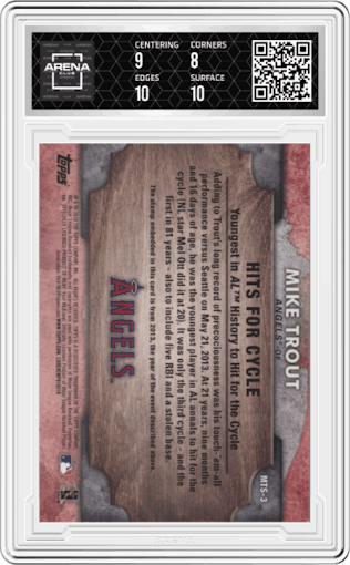 Mike Trout from the 2016 Topps Factory Set set graded by Arena Club and given an overall grade of 8.5.