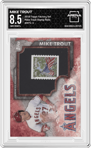 Mike Trout from the 2016 Topps Factory Set set graded by Arena Club and given an overall grade of 8.5.