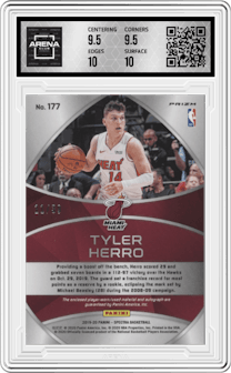 Tyler Herro from the 2019-20 Panini Spectra set featuring a Wave parallel graded by Arena Club and given an overall grade of 10.