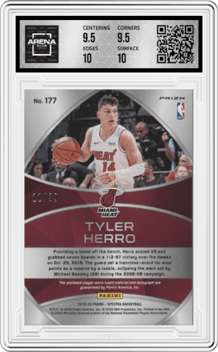 Tyler Herro from the 2019-20 Panini Spectra set featuring a Wave parallel graded by Arena Club and given an overall grade of 10.
