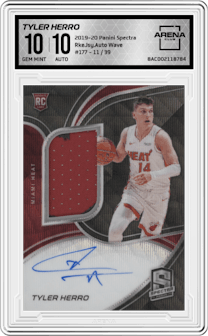 Tyler Herro from the 2019-20 Panini Spectra set featuring a Wave parallel graded by Arena Club and given an overall grade of 10.