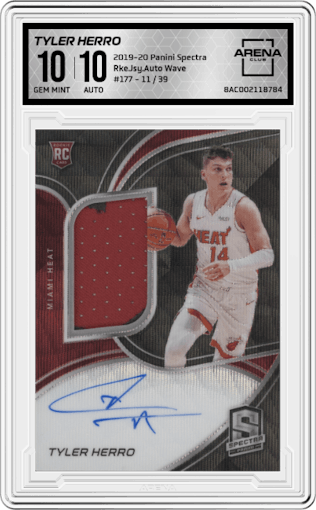 Tyler Herro from the 2019-20 Panini Spectra set featuring a Wave parallel graded by Arena Club and given an overall grade of 10.