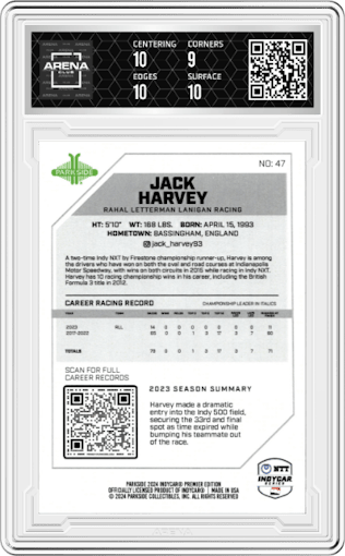 Jack Harvey from the 2024 Parkside IndyCar Premier Edition set featuring a Blue Foil parallel graded by Arena Club and given an overall grade of 9.5.
