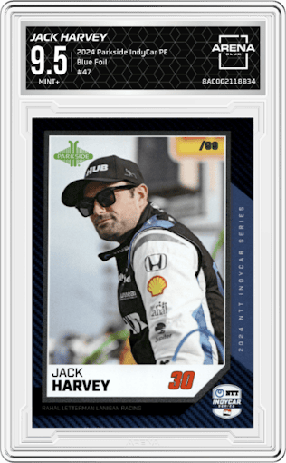 Jack Harvey from the 2024 Parkside IndyCar Premier Edition set featuring a Blue Foil parallel graded by Arena Club and given an overall grade of 9.5.