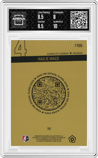 Hailie Mace from the 2023 Parkside NWSL Vol. 2 set featuring a Shimmer parallel graded by Arena Club and given an overall grade of 8.5.