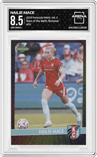 Hailie Mace from the 2023 Parkside NWSL Vol. 2 set featuring a Shimmer parallel graded by Arena Club and given an overall grade of 8.5.